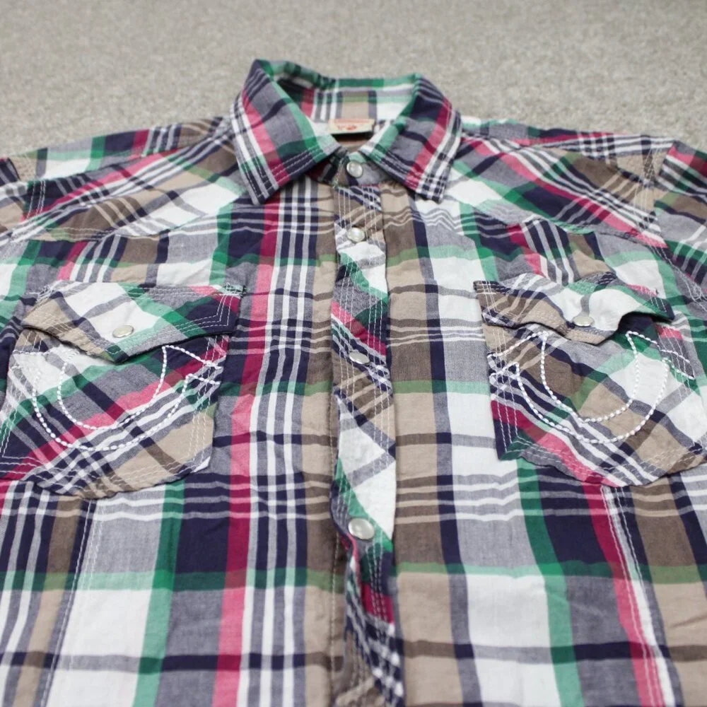 True Religion Pearl Snap Shirt Mens 2XL XXL Red/White/Green/Gray S/S 100% Cotton